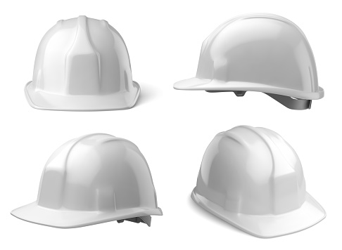 Vector realistic illustration of white safety helmets on a white background.