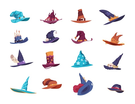 Wizard hats. Cartoon magician wide-brimmed pointed headgear. Colorful headdress decorated with fluffy feathers and bright ribbons, candles or bells. Vector isolated set of sorcerer's headwear types