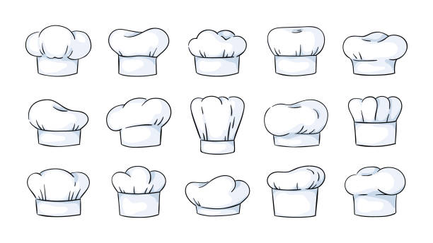 모자를 요리. 만화 밥솥 모자, 흰색 모자. 요리사의 머리 장식. 전통 빵집 이나 레스토랑 유니폼. 전분 면 헤드 기어 세트. 부엌에서 일하기위한 벡터 클래식 액세서리 - chef italian culture isolated french culture stock illustrations