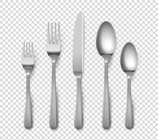 stockillustraties, clipart, cartoons en iconen met realistisch bestek. 3d vorken en messen of lepels. geïsoleerde metaalvoorwerpen voor lijst het plaatsen op transparante achtergrond. bovenaanzicht van zilverwerk set. vector flatware van roestvrij staal - bestek