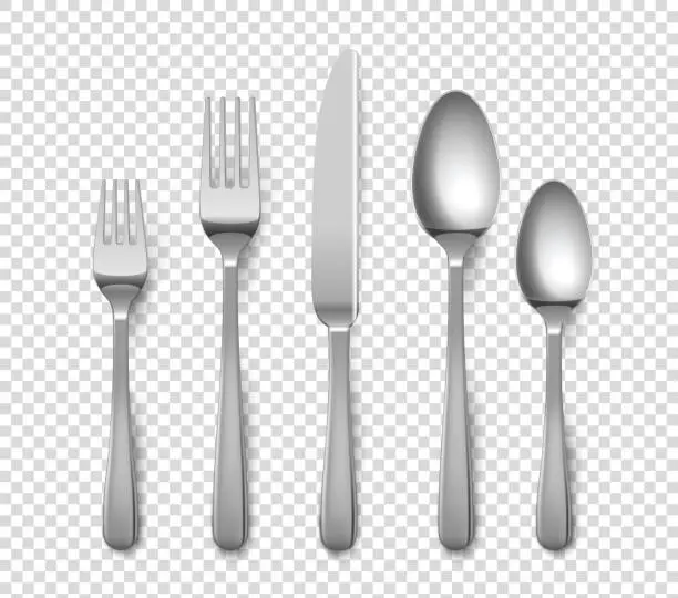 Vector illustration of Realistic cutlery. 3D forks and knives or spoons. Isolated metal objects for table setting on transparent background. Top view of silverware set. Vector flatware from stainless steel