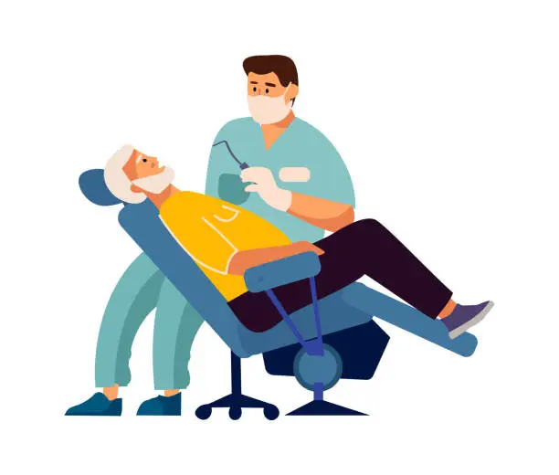 Vector illustration of Dentist treats patient teeth. Stomatology concept. Man sitting in medical armchair, dental doctor checking oral hygiene. Appointment with stomatologist in clinic, vector dentistry