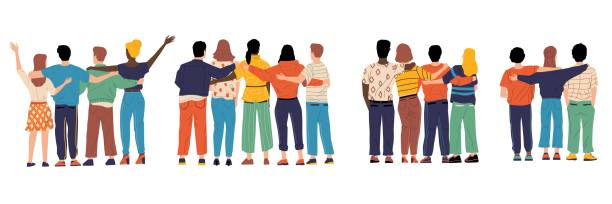 freunde von hinten. hugging glückliche charaktere zurück ansicht, freundschaft illustration mit jungen und mädchen zusammen stehen. gruppe von freunden, männer und frauen gute beziehungen vektor-set - rücken stock-grafiken, -clipart, -cartoons und -symbole