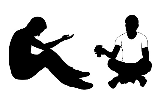 silhouettes of men sitting down begging