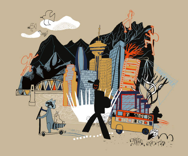 Vancouver in Canada Hand drawn city of Canada, Vancouver. Concept of exploration and travel of new places. Concept of human aspirations urban raccoons stock illustrations