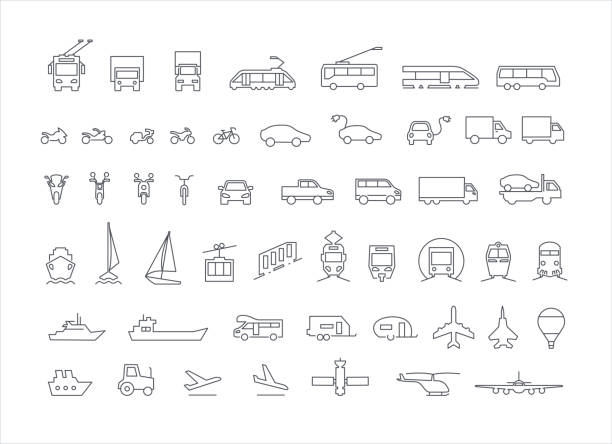 transport und reisen dünne symbole vektor-set - airplane sea passage travel commercial airplane stock-grafiken, -clipart, -cartoons und -symbole