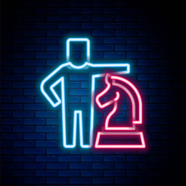 ilustrações de stock, clip art, desenhos animados e ícones de glowing neon line chess icon isolated on brick wall background. business strategy. game, management, finance. colorful outline concept. vector - board game piece leisure games blue isolated