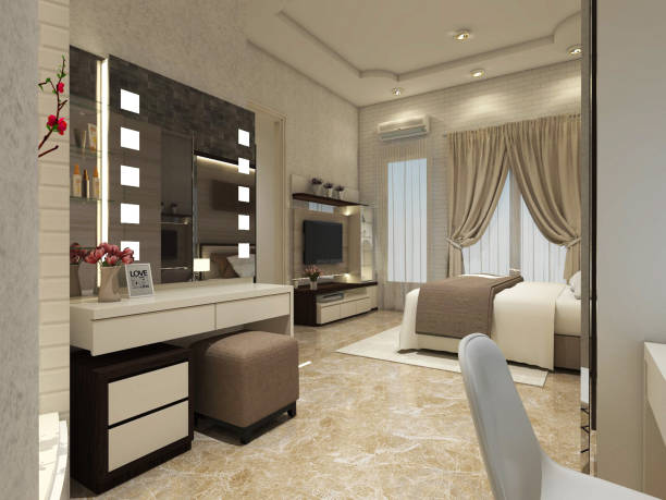 Modern Dressing Table In The Bedroom Modern Dressing Table In The Bedroom. Interior master bedroom in vintage style with tv cabinet, comfortable bed cover and marble flooring. 3d rendering, 3d illustration. owners bedroom stock pictures, royalty-free photos & images
