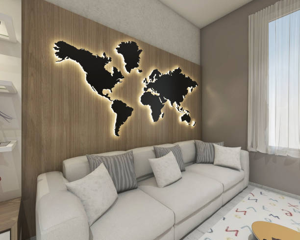 Living Room Interior With Comfortable Sofa Cushion And Back Wooden Mural Paneling With Lighting Decoration.