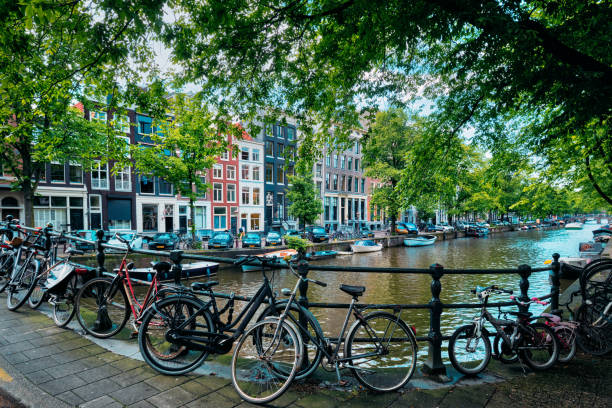 istock Amsterdam canal with boats and bicycles on a bridge 1311487366