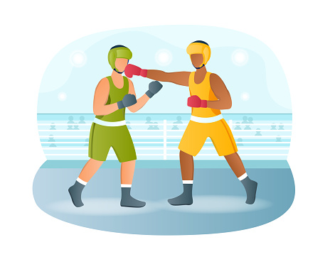 Two male characters are fighting on boxing match in ring. Professional boxers in sportswear and equipment having battle. Big spectacular show event. Flat cartoon vector illustration