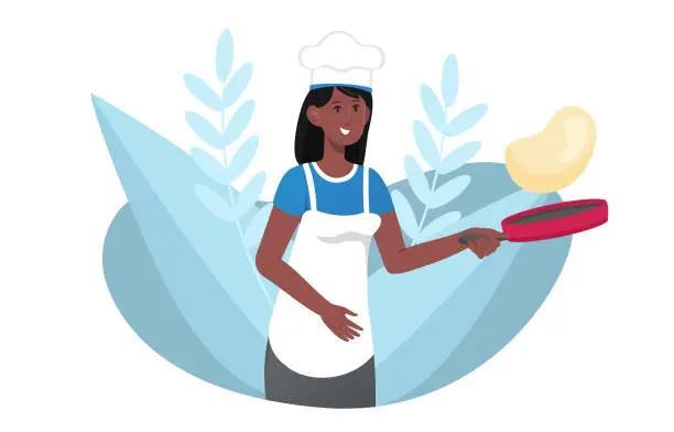 Vector illustration of Smiling female character in apron is cooking flipping pancake for breakfast