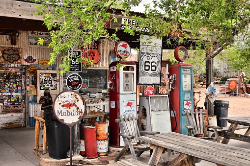 Old gas station at U.S. Route 66 in Arizona. The famous road led from Chicago to Los Angeles and was 2,451 miles long.
