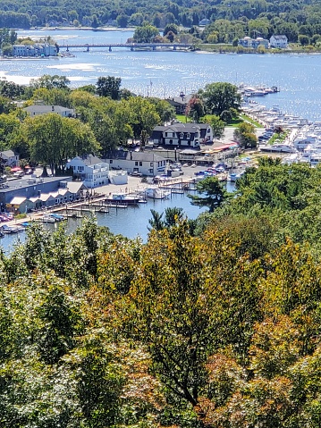 Towns of Douglas and Saugatuck Michigan - Aerial View from the top of Mt. Baldhead - Connected by a bridge over the Kalamazoo river