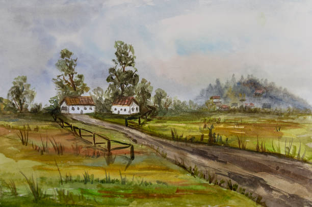 istock Watercolor handmade painting landscape with hill, small building,trees, meadow and path. 1311495464