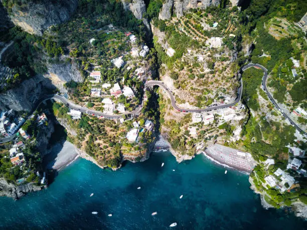 Coastline road near Positano, Italy - Aerial point of view. The winding road is just above the sea and the beaches.