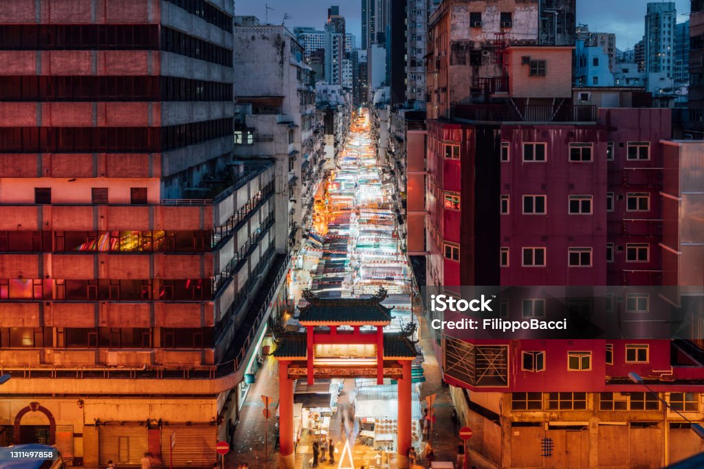 Temple Street Night Market at night from elevated point of view Temple Street Stock Photo