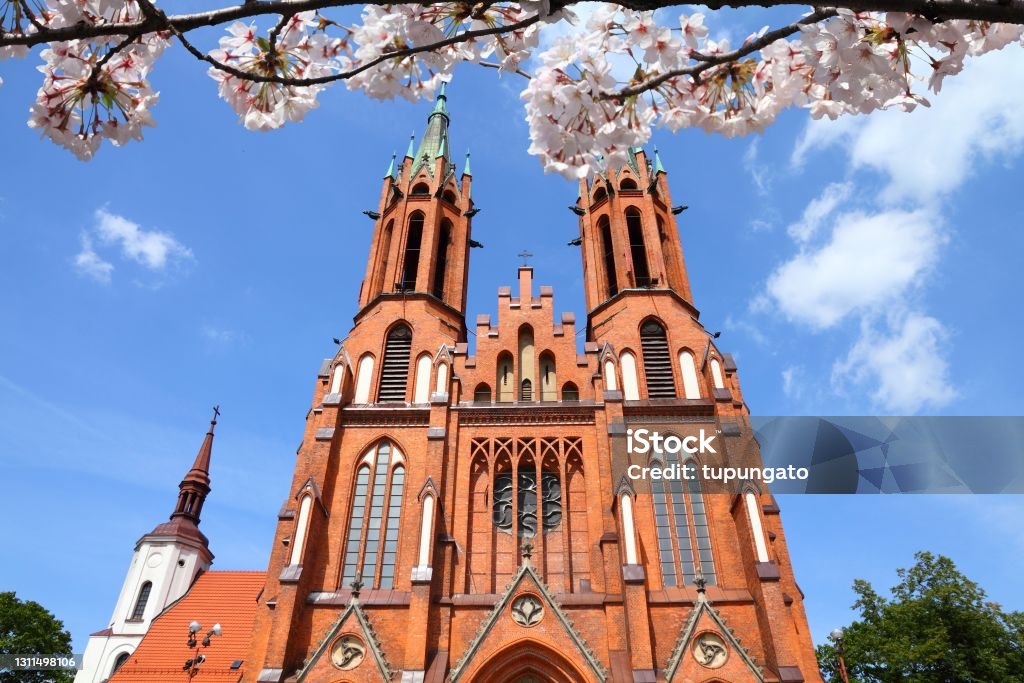 Bialystok Bialystok, Poland - old architecture. Podlaskie province. Catholic cathedral of Blessed Virgin Mary. Spring time cherry blossoms. Church Stock Photo