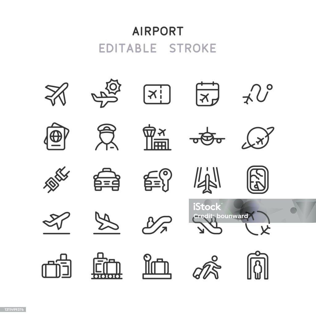 Iconos de la línea del aeropuerto Trazo editable - arte vectorial de Ícono libre de derechos