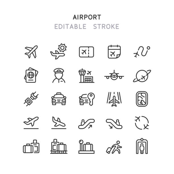 ilustraciones, imágenes clip art, dibujos animados e iconos de stock de iconos de la línea del aeropuerto trazo editable - viajes