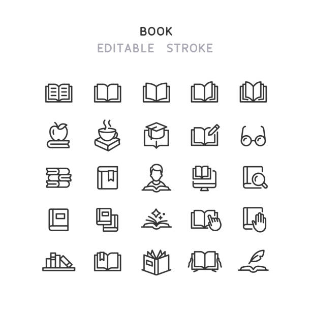 ilustraciones, imágenes clip art, dibujos animados e iconos de stock de iconos de línea de libro trazo editable - libro