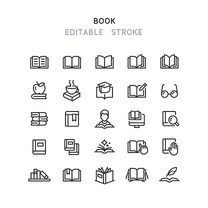 Set of book line vector icons. Editable stroke.