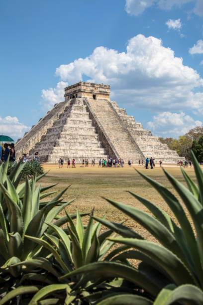 hermosa pirámide de chichén itzá patrimonio de la humanidad por la unesco. yucatán, méxico foto alada de plantas - chichen itza mayan mexico steps fotografías e imágenes de stock