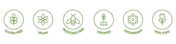 Natural cosmetic icons. Skincare logo. Pesticides free, vegan, bio, non toxic, certified labels. Beauty badges. GMO free emblems. Organic cosmetic line art stickers. Healthy food. Vector illustration Natural cosmetic icons. Skincare logo. Pesticides free, vegan, bio, non toxic, certified labels. Beauty badges. GMO free emblems. Organic cosmetic line art stickers. Healthy food. Vector illustration. antioxidant stock illustrations