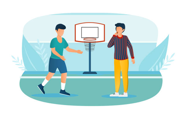 ilustraciones, imágenes clip art, dibujos animados e iconos de stock de jugador masculino de baloncesto y árbitro con silbato en la cancha - basketball little boys male young adult