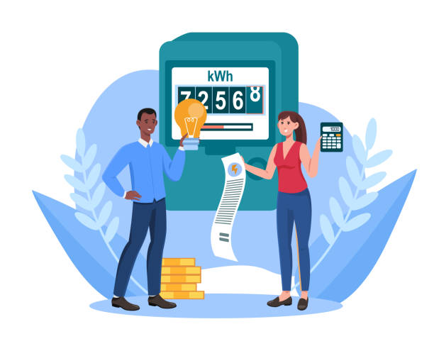 Male and female characters are paying utilities together Male and female characters are paying utilities together. Concept of invoice and electricity meter. Man and woman worried and stressed over bills. Flat cartoon vector illustration energy stock illustrations