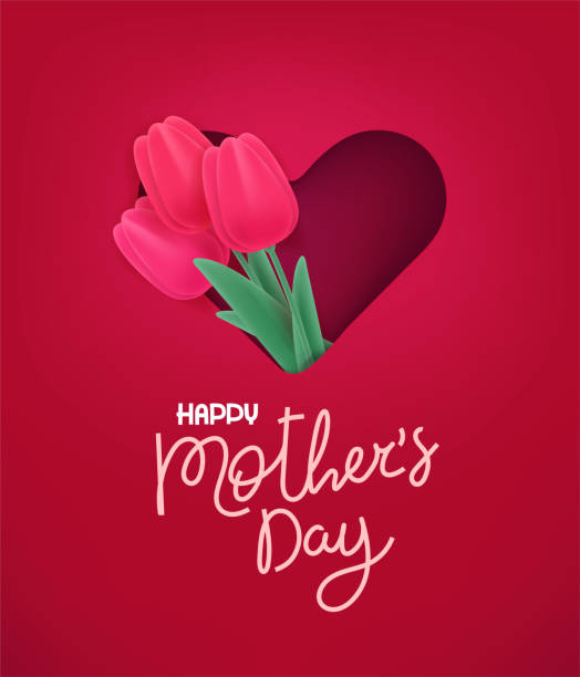 счастливые матери день вектор баннер. вырезать эффект с милой красные тюльпаны - mother family vertical flower stock illustrations