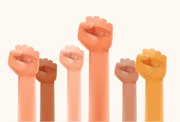 istock Different race men fists up in the air. Strike or human power concept 1311504301