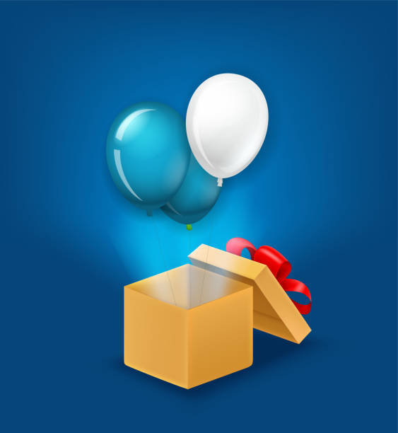 istock Opened box with air balloons flying out from the box. Greeting card template 1311504312