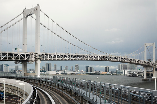 Horizontal view of the Rainbow Bridge from the New Transit Yurikamome (Tokyo's first fully automated transit system), connecting Shimbashi to Toyosu via the artificial island of Odaiba, Tokyo