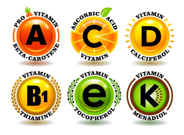 kreatywna koncepcja wektorowy zestaw a, b, c, d, e, k witaminy złożone znaki z symbolem słońca kreskówki, realistyczne ikony owoców, naturalne zdrowe znaczki żywności, 3d kolorowe pigułki oleju organicznego, nazwy chemiczne - vitamin b1 stock illustrations