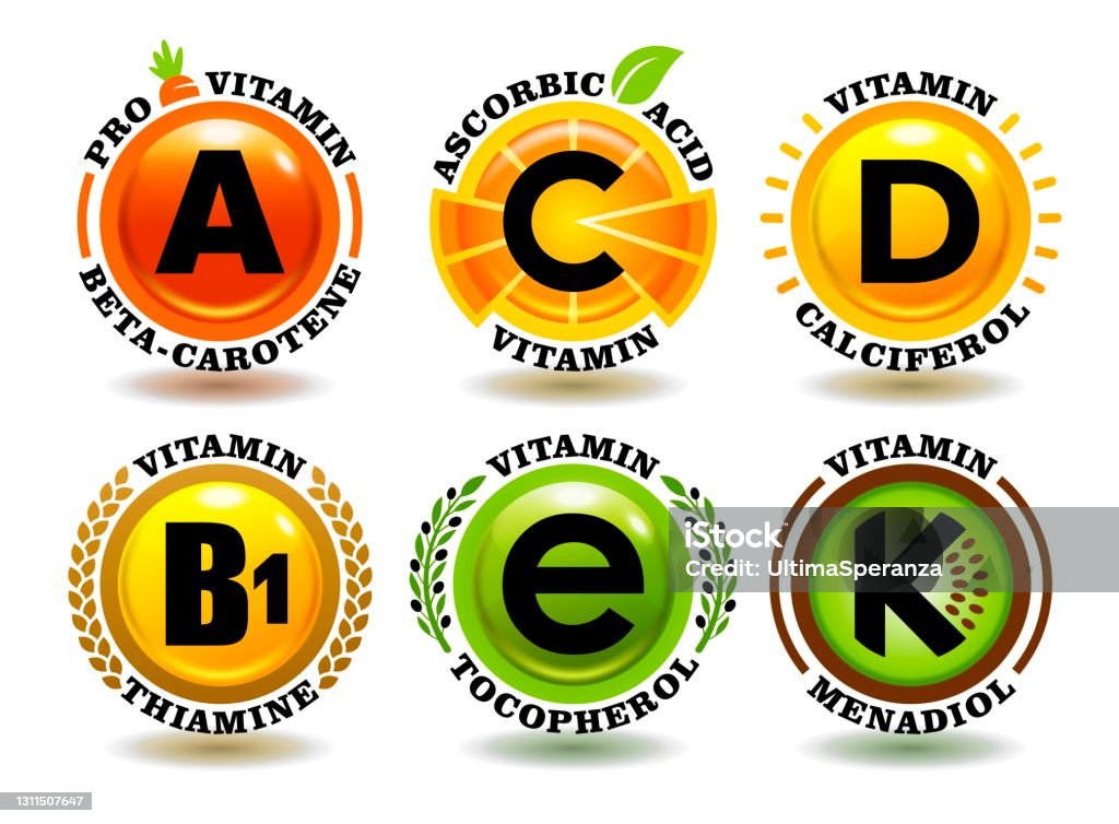 Creative Concept Vector Set Of A B C D E K Vitamin Complex Signs With  Cartoon Sun Symbol Realistic Fruit Icons Natural Healthy Food Stamps 3d  Colorful Organic Oil Pills Chemical Names