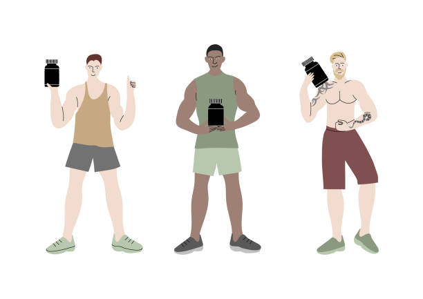 ilustrações, clipart, desenhos animados e ícones de homens musculosos e frios de fitness seguram recipientes de suplementos. garrafa, pílulas e cápsulas. conjunto de ilustração de cores desenhadas à mão do vetor isolado em fundo branco. - muscular build men tattoo human arm