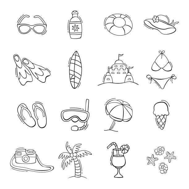 illustrazioni stock, clip art, cartoni animati e icone di tendenza di set disegnato a mano di icone estive in stile doodle. - suntan lotion symbol ice umbrella