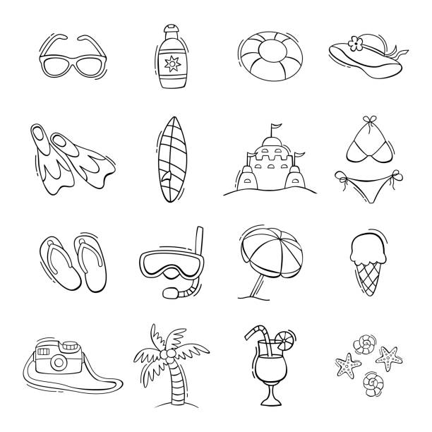 ilustrações de stock, clip art, desenhos animados e ícones de hand drawn set of summer icons in doodle style. - suntan lotion symbol ice umbrella