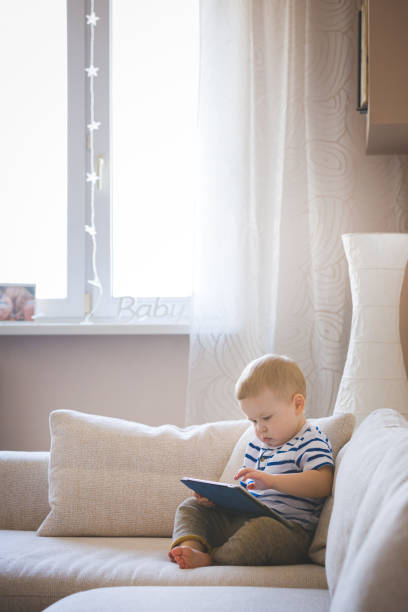 istock Cute boy working on a tablet while sitting on a sofa. A child plays educational games on a laptop computer at home. Early development for children. Toning and artificial noise 1311515620