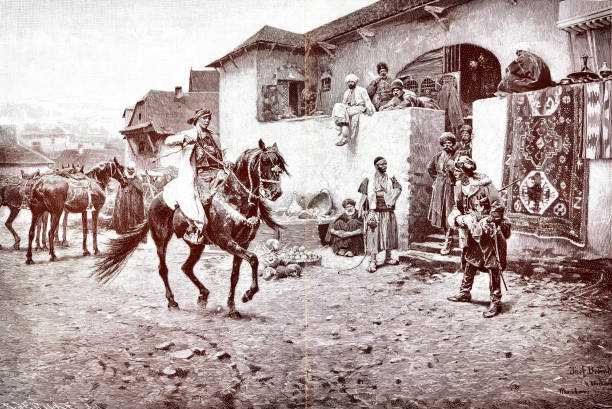 istock Oriental carpet dealer shop, rider arriving 1311515665