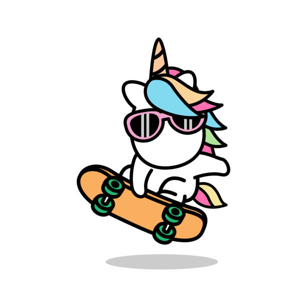 illustrations, cliparts, dessins animés et icônes de licorne mignonne jouant le dessin animé de planche à roulettes, illustration vectorielle - skateboard