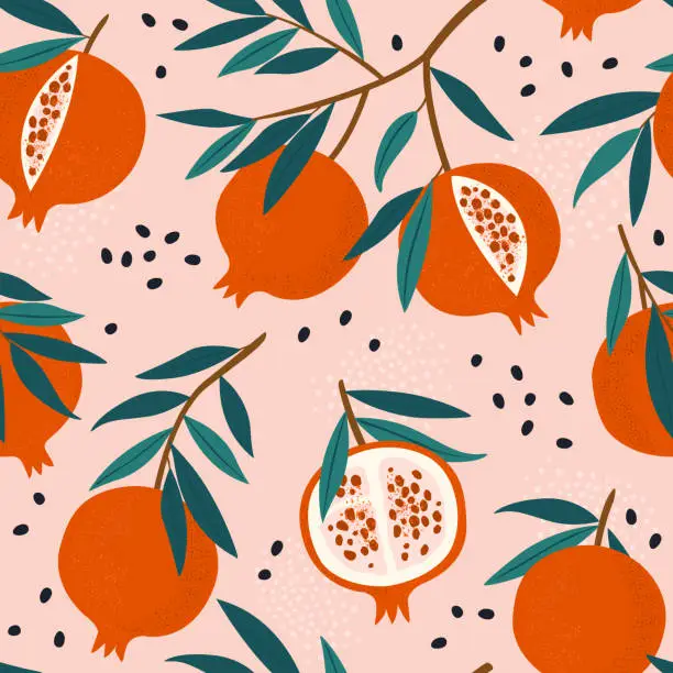 Vector illustration of Pomegranate leaf seamless pattern. Red garnet seamless pattern vector illustration. Vector illustration of pomegranate fruit. Garnet vector.