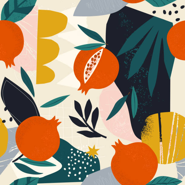 Collage contemporary floral seamless pattern. Modern fruits pomegranate spots, and plants illustration vector. Collage contemporary floral seamless pattern. Modern exotic jungle fruits pomegranate various doodle shapes, spots, drops, and plants illustration vector variegated foliage stock illustrations