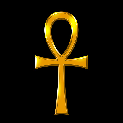 Golden Ankh symbol, the key of life over black. Breath of life, key of the Nile, crux ansata. Cross with handle. Ancient Egyptian sign and hieroglyph of gods and Pharaohs representing concept of life.