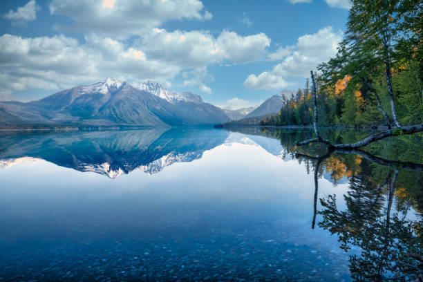 riflessione sulle montagne del glacier national park - montana summer usa color image foto e immagini stock