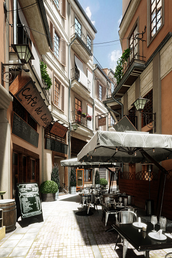 Digitally generated an old town street with restaurant front and small tea garden.\n\nThe scene was created in Autodesk® 3ds Max 2020 with V-Ray 5 and rendered with photorealistic shaders and lighting in Chaos® Vantage with some post-production added.