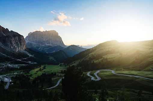 Outdoor iconic landscapes on the Dolomites: panorama from Passo Sella