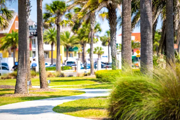 Green park in St. Augustine, Florida with palm trees and pedestrian paved path with buildings, people in blurry blurred background in sunny summer