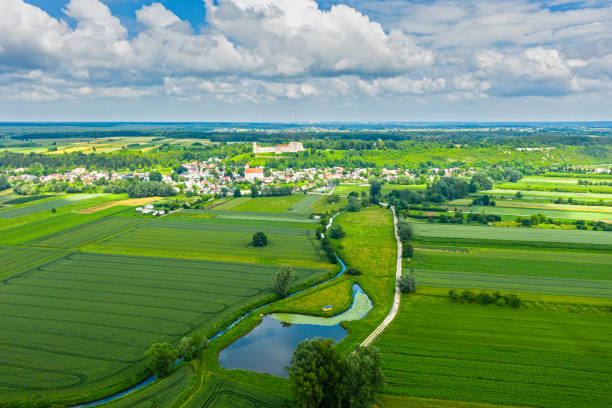 Aerial panorama of distant castle in Janowiec by Vistula river Aerial panorama of distant castle in Janowiec by Vistula river janowiec poland stock pictures, royalty-free photos & images